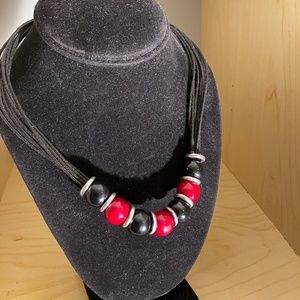 Black Red and Silver Beaded Necklace w Leather Straps